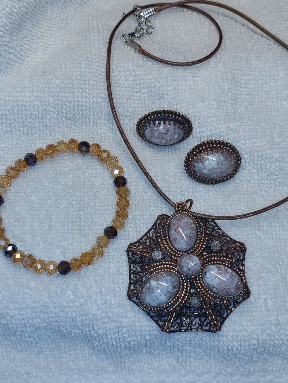 Vintage Brown Copper Pendant Necklace Earring Bracelet Set with Speckled Stone
